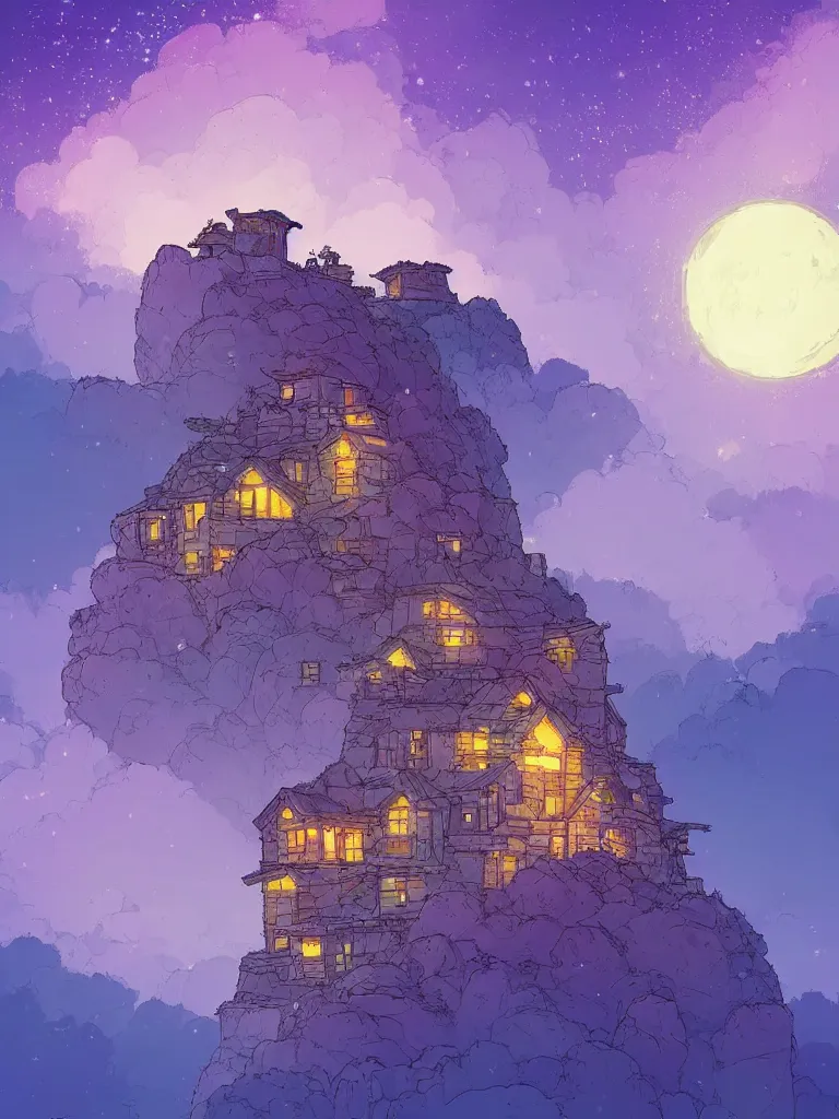 Image similar to a digital art of a small house on the cliff, a huge icy blue moon, a purple sky full of small stars, by laurie greasley, artstation, studio ghibli color scheme, light effect, highly detailed, by anton fadeev