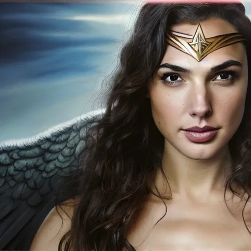 Prompt: Portrait of the beautiful woman Gal Gadot as an angel, she is coming down from the clouds, she has a crown, there is a glow coming from her, she is getting ulluminated from the sky, the photo was taking by Annie Leibovitz, matte painting, oil painting, naturalism, 4k, 8k