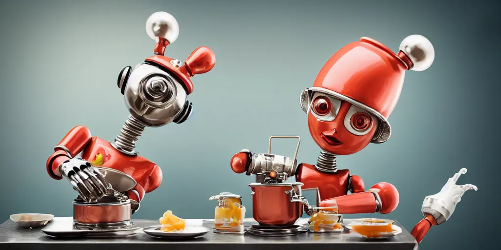 Prompt: closeup portrait of tin toy retro robot chef mixing chemicals cooking pastry in a kitchen, depth of field, zeiss lens, detailed, centered, fashion photoshoot, by nicoletta ceccoli, mark ryden, lostfish, breathtaking, 8 k resolution, extremely detailed, beautiful, establishing shot, artistic, hyperrealistic, octane render