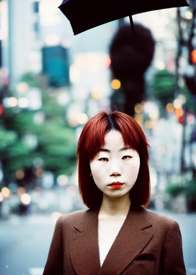 Prompt: a portrait street photograph shot on cinestill 5 0 d of one japanese woman in 9 0 s fashion with modest make up and her hair died to a hazelnut brown, shot in shibuya tokyo on a 3 5 mm at f / 2. 8, print magazine quality, nostalgia, 8 k