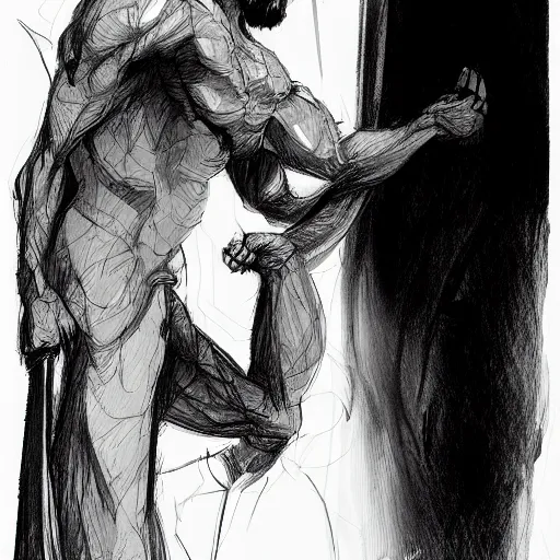 Prompt: concept art character, very high angle view, book cover, very attractive man with beard, highly detailed full body, strong masculine features, sturdy body, command presence, royalty, smooth, sharp focus, organic, appealing, book cover, deep shadows, by Dave McKean sketch lineart for character design