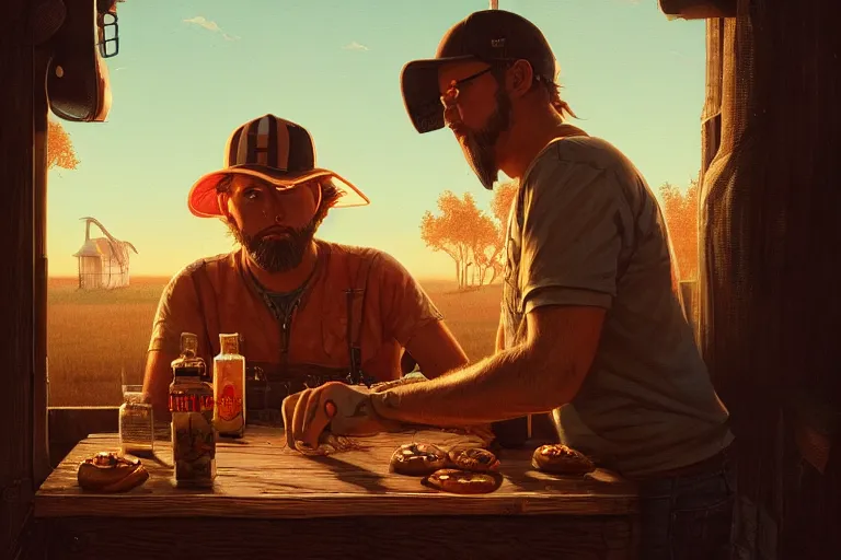 Prompt: detailed intricate digital illustration by greg rutkowski and artgerm and wlop and sanford robinson gifford ; redneck hillbilly hick at a cheeseburger restaurant ; 1 3 mm film, arri alfa anamorphic lens ; sharp focus ; golden hour, trending on artstation 8 k