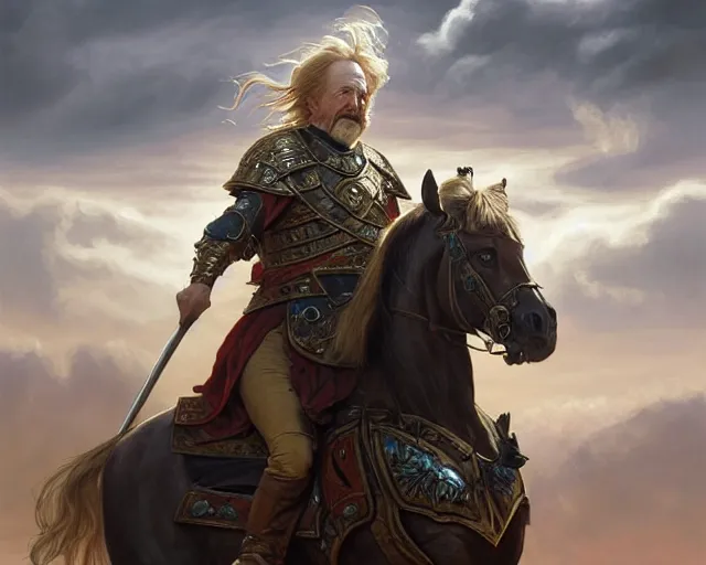 Prompt: king theoden charging the battlefield on horseback with an army of horses behind him, deep focus, d & d, fantasy, intricate, elegant, highly detailed, digital painting, artstation, concept art, matte, sharp focus, illustration, hearthstone, art by artgerm and greg rutkowski and alphonse mucha