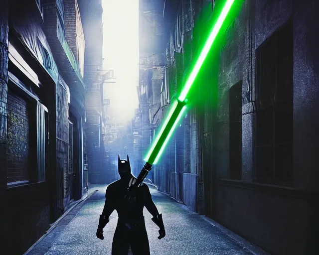 Image similar to a photograph of Batman holding a green lightsaber in a dark city alleyway at nighttime