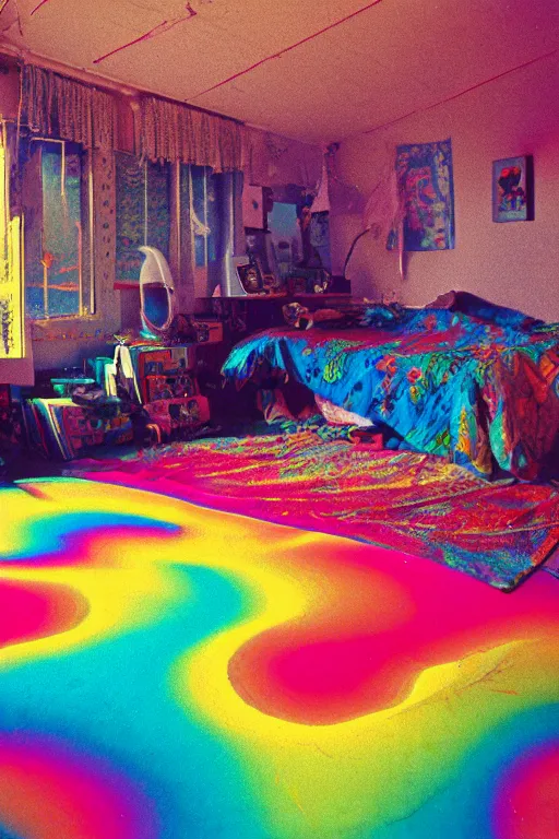 Image similar to agfa vista 4 0 0 photograph of a cluttered 9 0 s teenagers psychedelic 1 9 6 7 rock hippie bedroom, waves ripple color light, synth vibe, window, bed, surrealistic pillow, blur, lsd color patterns, vaporwave colors, lens flare, moody lighting, telephoto, lsd vibe, blurry background, grain, tranquil, calm, lsd hallucinations