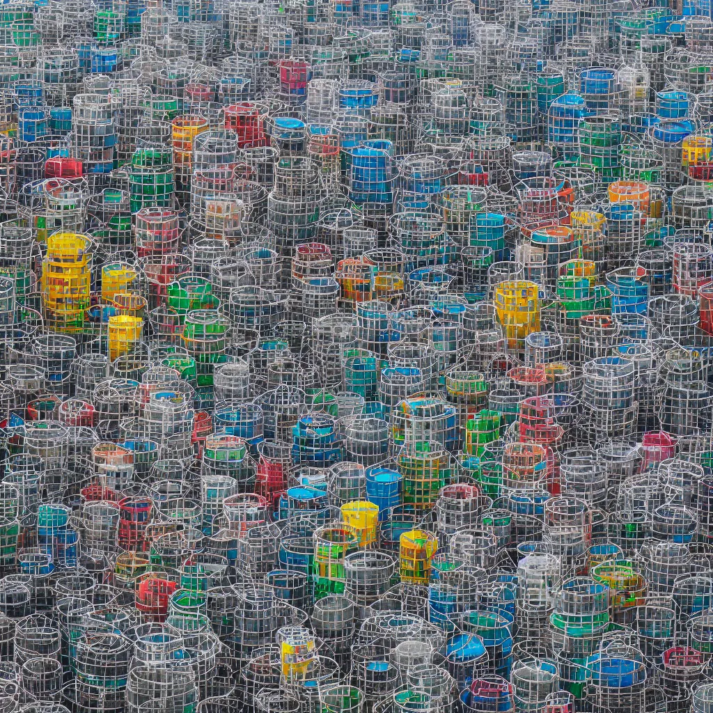 Image similar to circular towers, made up of colourful makeshift squatter shacks, vertical blank spaces, dystopia, sony a 7 r 3, f 1 1, fully frontal view, photographed by jeanette hagglund and terry gilliam