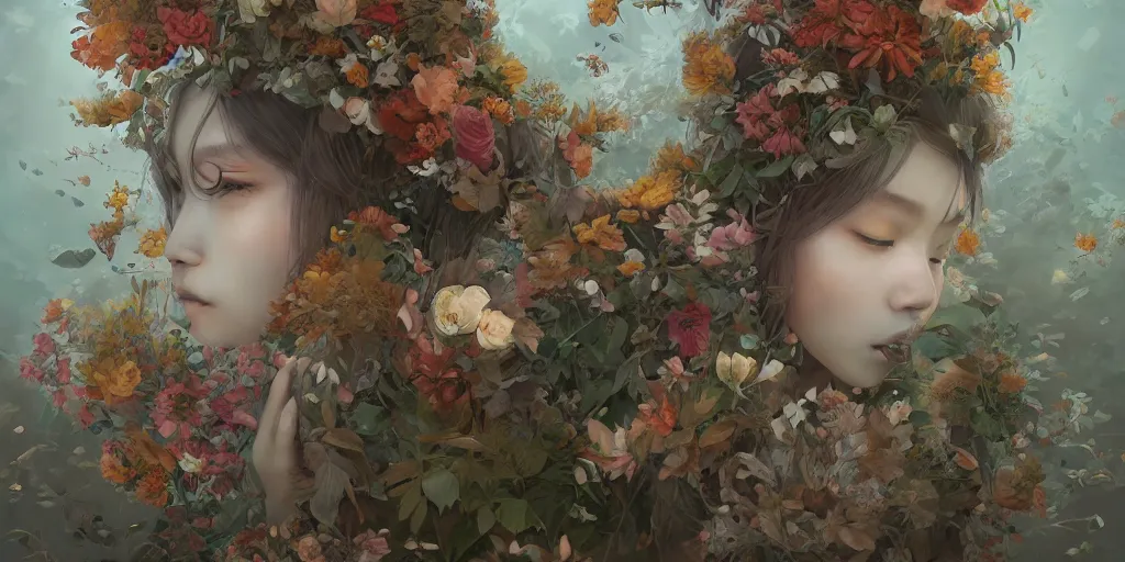 Prompt: breathtaking detailed concept art painting of kissing humanoid bears, amalgamation of leaves and flowers, by Hsiao-Ron Cheng, James jean, Miho Hirano, Hayao Miyazaki, extremely moody lighting, 8K