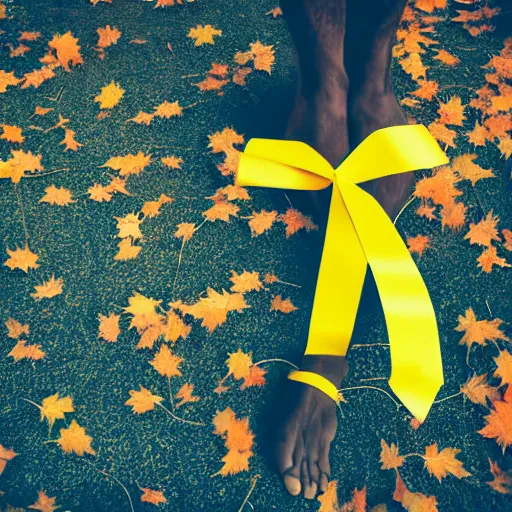 Prompt: nude man with yellow ribbon around left ankle flying over autumn trees