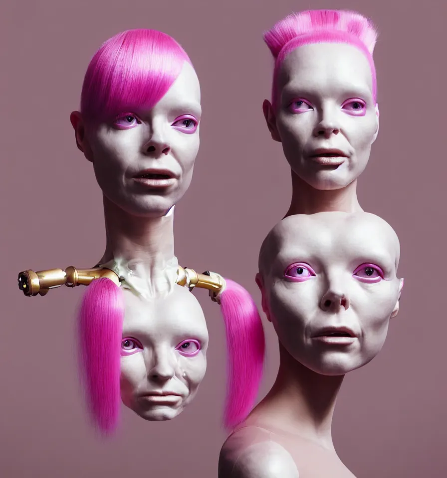 Image similar to portrait of a alien futuristic cyborg wearing a gold pipes fitted beauty mask and pink hair buns, wearing a black bodysuit by alexander mcqueen, cream white background, soft diffused light, biotechnology, humanoid robot, perfectly symmetric, bjork aesthetic, translucent, by rineke dijkstra, intricate details, highly detailed, masterpiece,