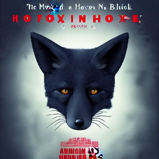 Prompt: blu-ray movie box cover for a horror movie featuring an anthropomorphic black fox dressed in casual clothing, dark and grainy