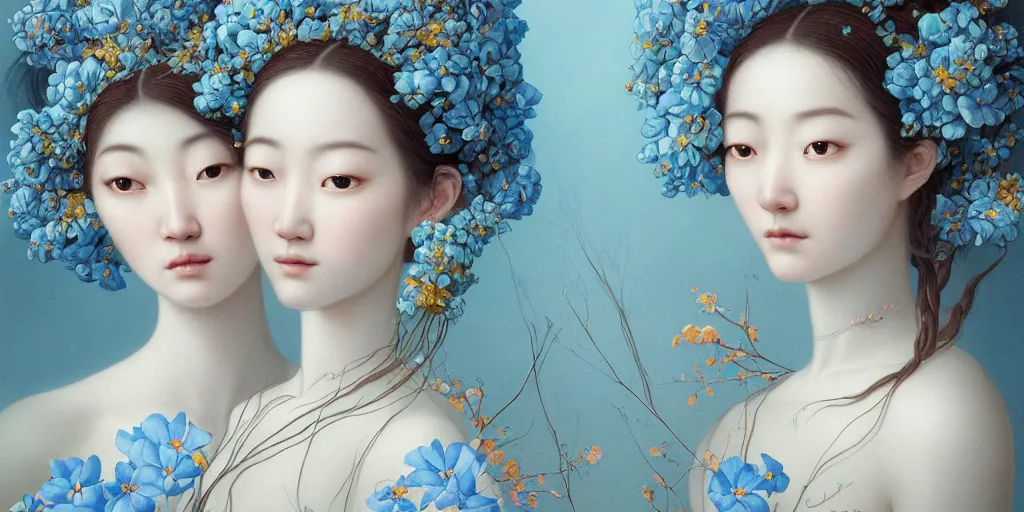 Prompt: breathtaking detailed concept art painting portrait of two goddess of light blue flowers by hsiao - ron cheng, carroty hair, orthodox saint, with anxious piercing eyes, vintage illustration pattern background with bizarre compositions blend of flowers and fruits and birds by beto val and john james audubon, exquisite detail, extremely moody lighting, 8 k