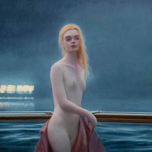 Image similar to silhouette of Elle Fanning on a boat, stormy weather, extremely detailed masterpiece, oil on canvas, low-key neon lighting, artstation, Blade Runner 2049, Roger Deakin’s cinematography, by J. C. Leyendecker and Peter Paul Rubens,