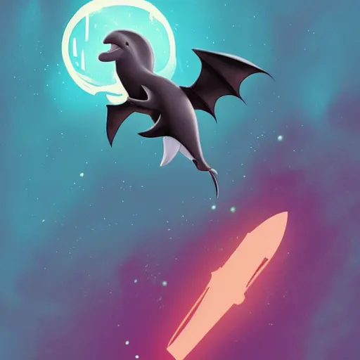 Image similar to “ dolphin in the style of how to train your dragon holding laser gun, floating alone, with a black background, digital art, award winning, trending on art station, retro style ”