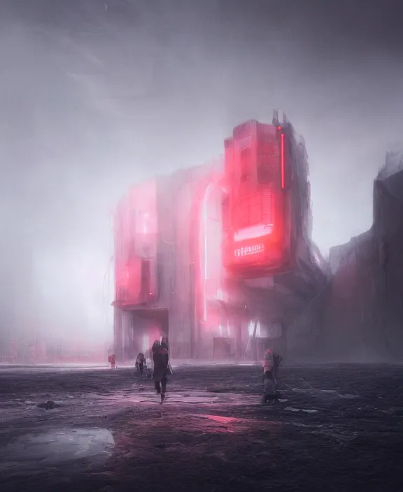 Image similar to surreal romantic prometheus horizontal white exploration base, red lights, building architecture by ruan jia, futuristic blame, white architecture in the beach in iceland, foggy, highly detailed, digital painting, arstation, concept art, hyperealistic octane render, unreal engine