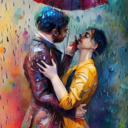 Prompt: of a man and woman kissing in the rain in the style of disco elysium, expressionism, artstation, trending, by aleksander rostov, jenny saville, rembrandt, alex kanevsky, wassily kandinsky, dave mckean, yoshitaka amano