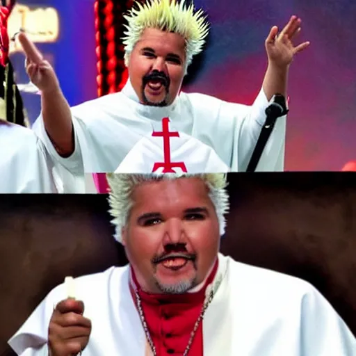 Image similar to guy fieri dressed as the pope, giving a speech in front of millions