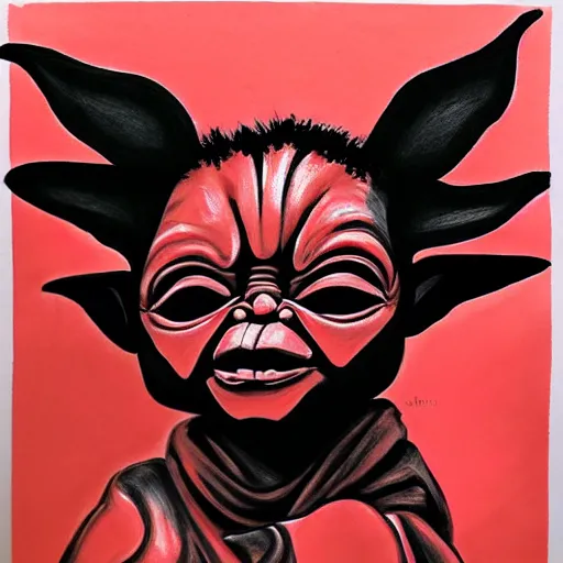 Image similar to abstract drawing of black and red baby yoda with black background, high contrast, 4k