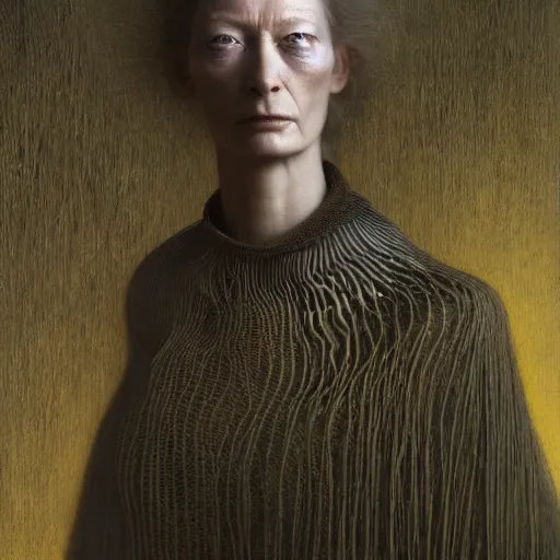 Image similar to Woman masterpiece, Tilda Swinton, beautiful eyes, yellow, golden halo behind her head, wires everywhere, by Edgar Maxence and Ross Tran, Zdzisław Beksiński, and Michael Whelan, distant, gustav dore, H.R. Giger, 8k, octane render