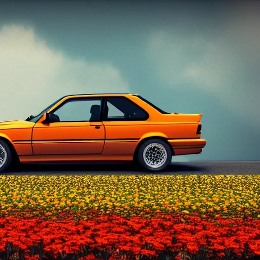 Prompt: blender render of orange bmw e 3 0 m 3 in a field of flowers, low angle shot