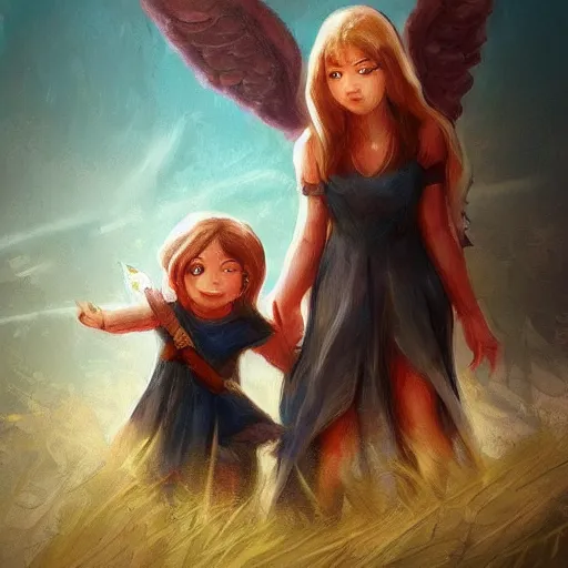 Image similar to Angel protecting child by Ben Evrard, very detailed, deviantart, artstation