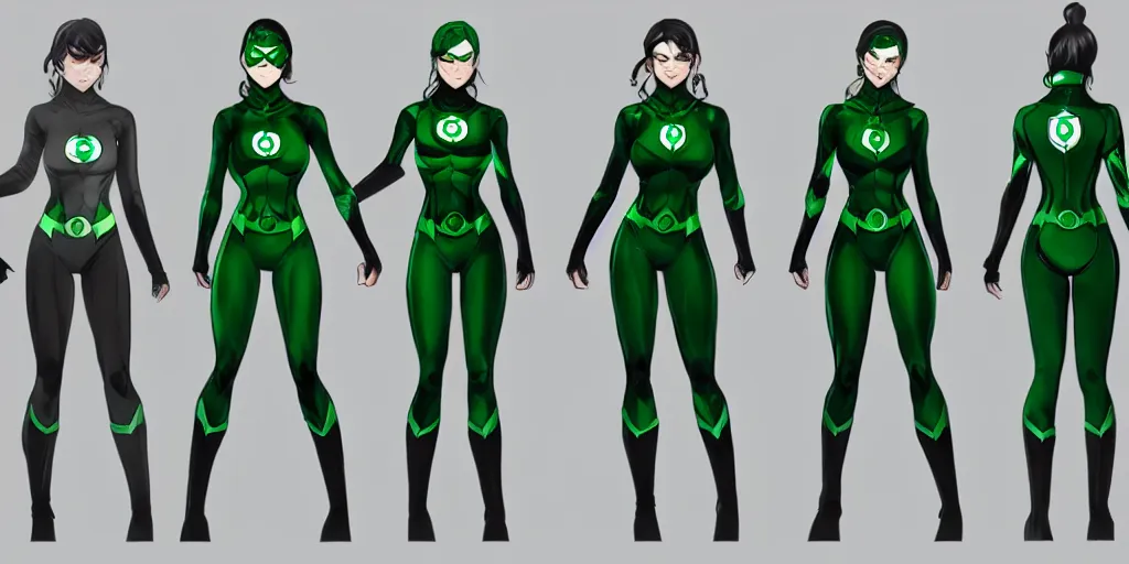 Image similar to full body exaggerated outfit, female green lantern character clean concepts by senior concept artist in the anime film, tech wear, streetwear, featured on artstation