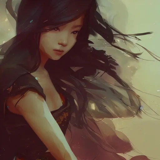 Image similar to a beautiful asian girl with long hair, cinematic lighting, dramatic atmosphere, by dustin nguyen, akihiko yoshida, greg tocchini, greg rutkowski, cliff chiang, 4 k resolution, trending on artstation