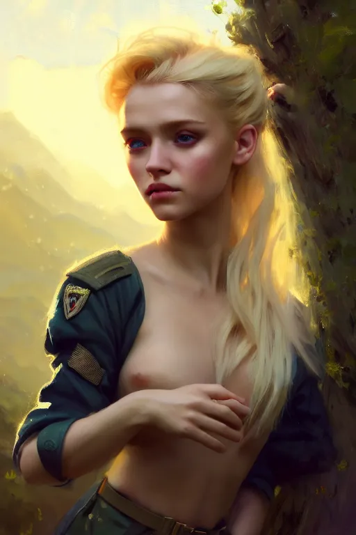 Image similar to cinematic shot of an epic portrait of a cute blonde fairy dressed in military clothes, stylised military clothes, shiny skin, beautiful eyes, beautiful, small details, night setting, realistic poster with volumetric light from jeremy lipkin and michael garmash, craig mallism, artgerm, unreal engine, radiant light, digital art, trends at art station, a masterpiece