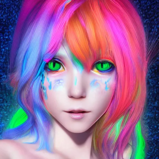 Image similar to catgirl with rainbow hair, digital art, by Yoshitaka Amano, trending on artstation, 4k, highly detailed, psychedelic