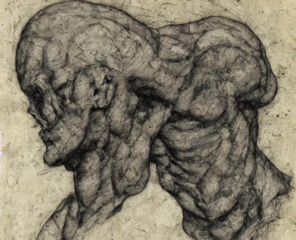 Prompt: ancient magical humanoid creature, torso and head, bust, musculature, diagram nature sketchbook, greys anatomy book, etching, intaglio, on old distressed parchment paper,