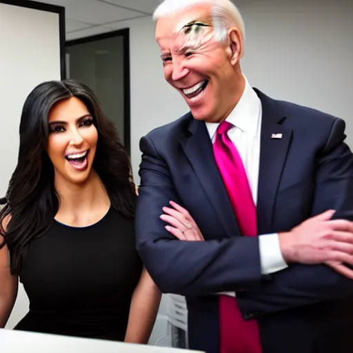 Image similar to stock photo of kim kardashian, and joe biden wearing suits and ties laughing in an office building, 8k resolution, full HD, cinematic lighting, award winning, anatomically correct