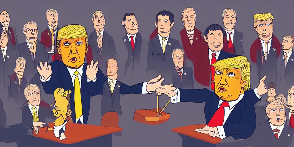 Prompt: donald trump as a malicious puppeteer controlling supreme court justices, full color digital illustration