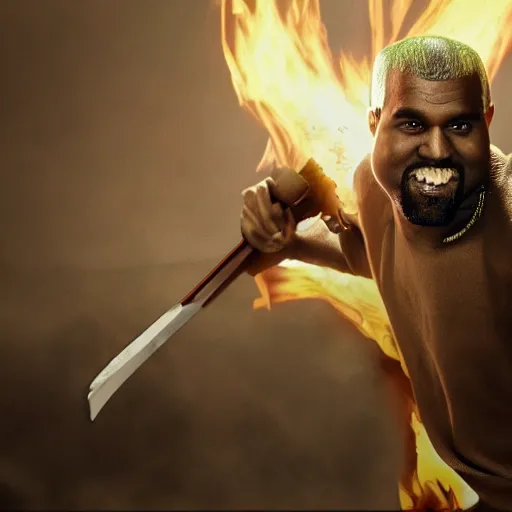 Image similar to kanye west fighting against demons with his golden sword in hell , 8k, hyper realistic, insanely detailed, legendary scene, octane render