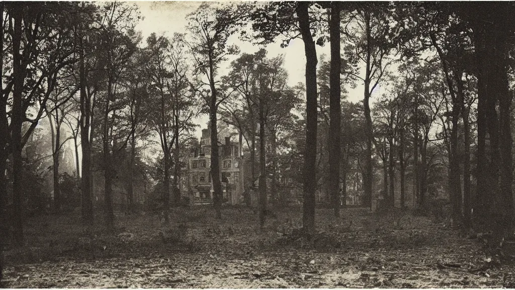 Image similar to An epic photo of a gloomy Victorian mansion in dark forest. by Diane Arbus and Louis Daguerre. highly detailed. 85mm, Bokeh