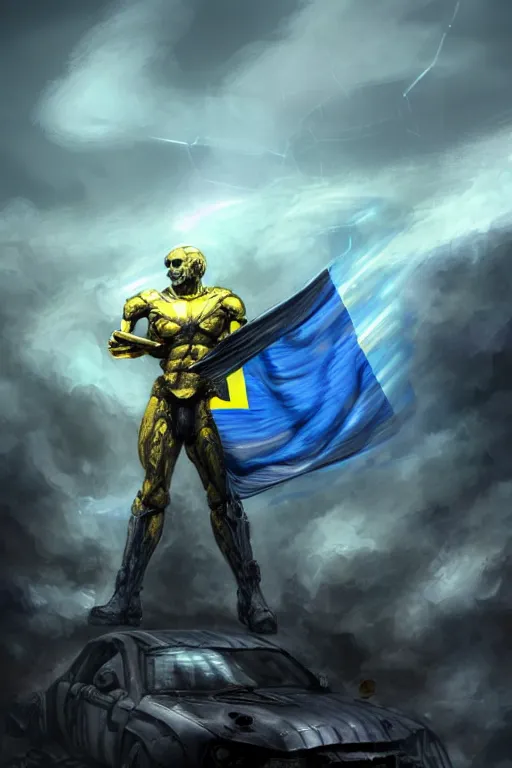 Prompt: a full body shot from distance of a super soldier with a Ukrainian blue and yellow stripes flag standing in the beam of light from the clouds on a pile of skulls and rotten cars as a winner, masculine figure, D&D, fantasy, intricate, elegant, highly detailed, digital painting, artstation, concept art, matte, sharp focus, symmetrical, illustration, art by Artgerm and Greg Rutkowski and Alphonse Mucha