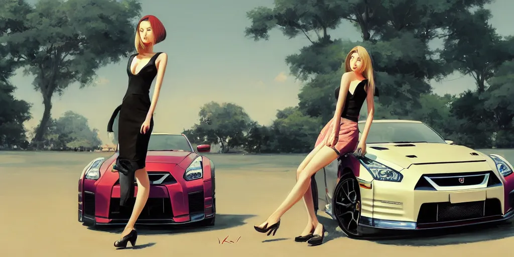 Image similar to A ultradetailed beautiful panting of a stylish girl standing in front of a Nissan GTR, Oil painting, by Ilya Kuvshinov, Greg Rutkowski and Makoto Shinkai