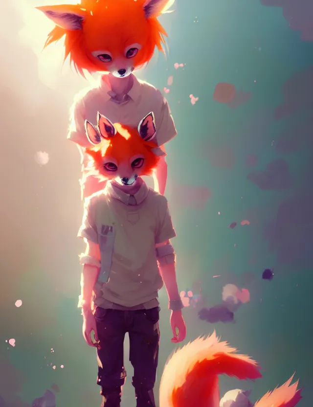 Image similar to a beautiful fullbody portrait of a cute anime boy with orange hair and pink fox ears. character design by cory loftis, fenghua zhong, ryohei hase, ismail inceoglu and ruan jia. artstation, volumetric light, detailed, photorealistic, fantasy, rendered in octane