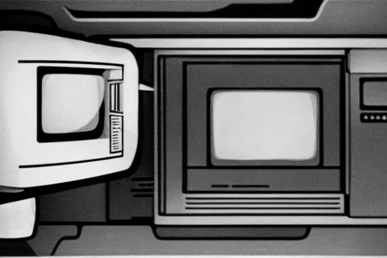 Image similar to retro robot sticking her head inside of a microwave, from 1985, bathed in the glow of a crt television, low-light photograph, in the style of jack bridgeland