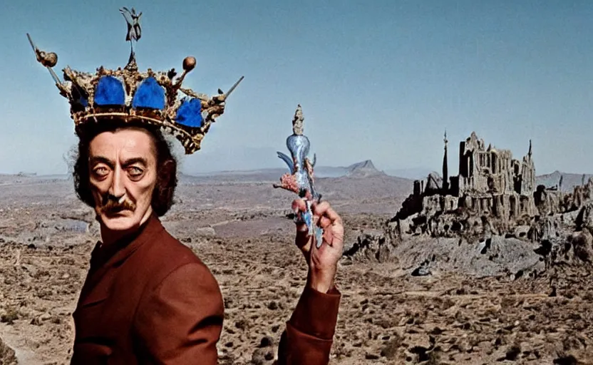 Image similar to salvador dali wearing a great crown with blue jewels and a scepter in a dry rocky desert landscape, visible sky and sunny atmosphere, alien city ruins in the background, film still from the movie by alejandro jodorowsky with cinematogrophy of christopher doyle and art direction by hans giger, anamorphic lens, kodakchrome, very detailed photo, 8 k