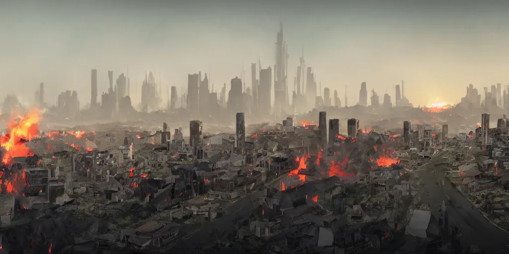 Prompt: climate change migrant crisis outside heavily fortified city walls with burning villages in the background city while citizens stare from skyscrapers, by cedric peyravernay, by kilian eng, high detail, digital painting, industrial art style, death stranding art style, cinematic lighting, artstation, cgsociety, unreal engine 5 render, octane render, 3 5 mm film grain