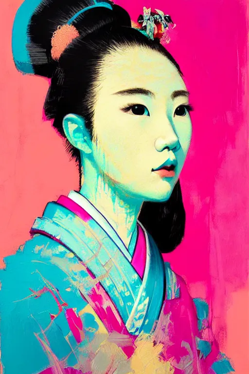 Image similar to portrait of a stylized japanese young geisha, painted in acrylic, pigment textures, in the colors hot pink and cyan, beautiful realistic face, rule of thirds, spotlight, by greg rutkowski, by jeremy mann, by francoise nielly, by van gogh, by ross tran, in focus