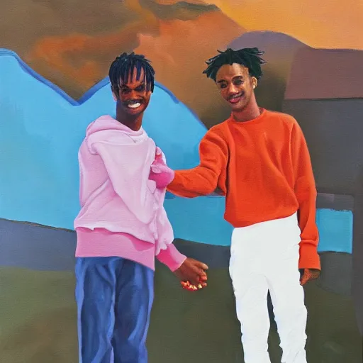 Image similar to painting of Steve Lacy shaking hands with Playboi Carti