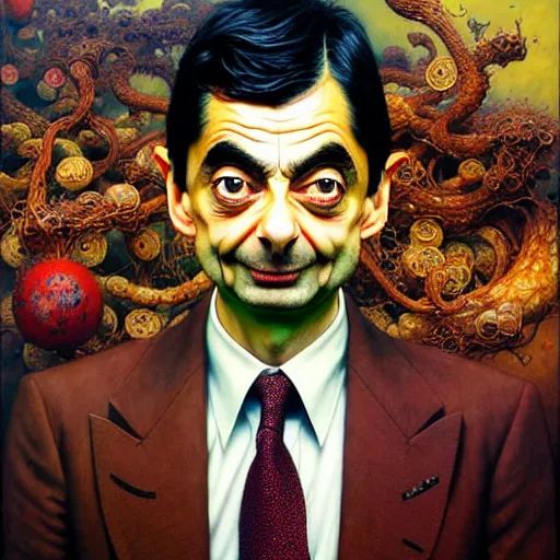 Prompt: uhd photorealistic portrait of mr. bean made of beans, by ayami kojima, yoshitaka amano, esao andrews, karol bak, mark brooks, tonalism, rich deep colors. beksinski painting, art by adrian ghenie and gerhard richter. art by takato yamamoto. masterpiece