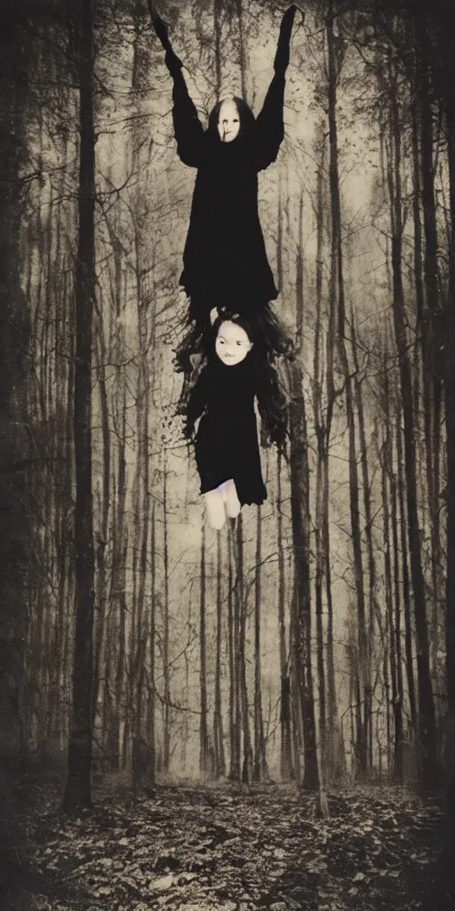 Image similar to old polaroid photo of a young witch girl floating in the air with her arms outstretched in a forest, long hair hanging down. dark and spooky, muted colours, flash photography, young face