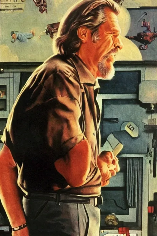 Image similar to Jeff Bridges from the movie The big Lebowski playing bowling painted by Norman Rockwell