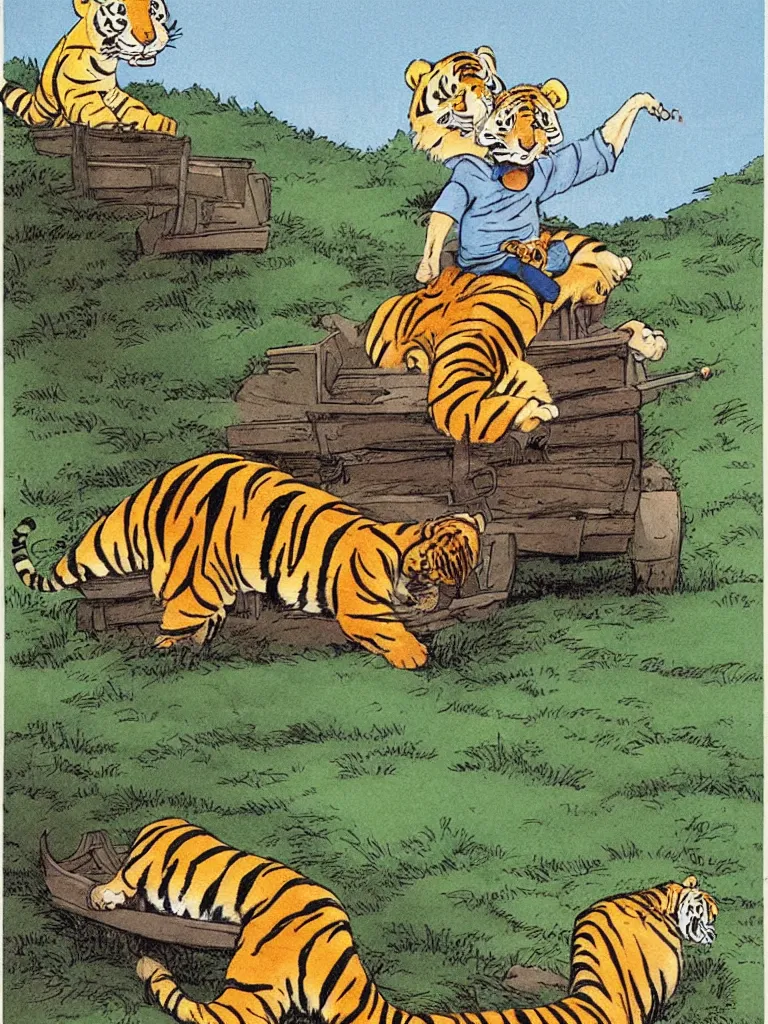 Prompt: blond boy and pet stuffed tiger riding a wagon down a steep hill, artwork by bill watterson