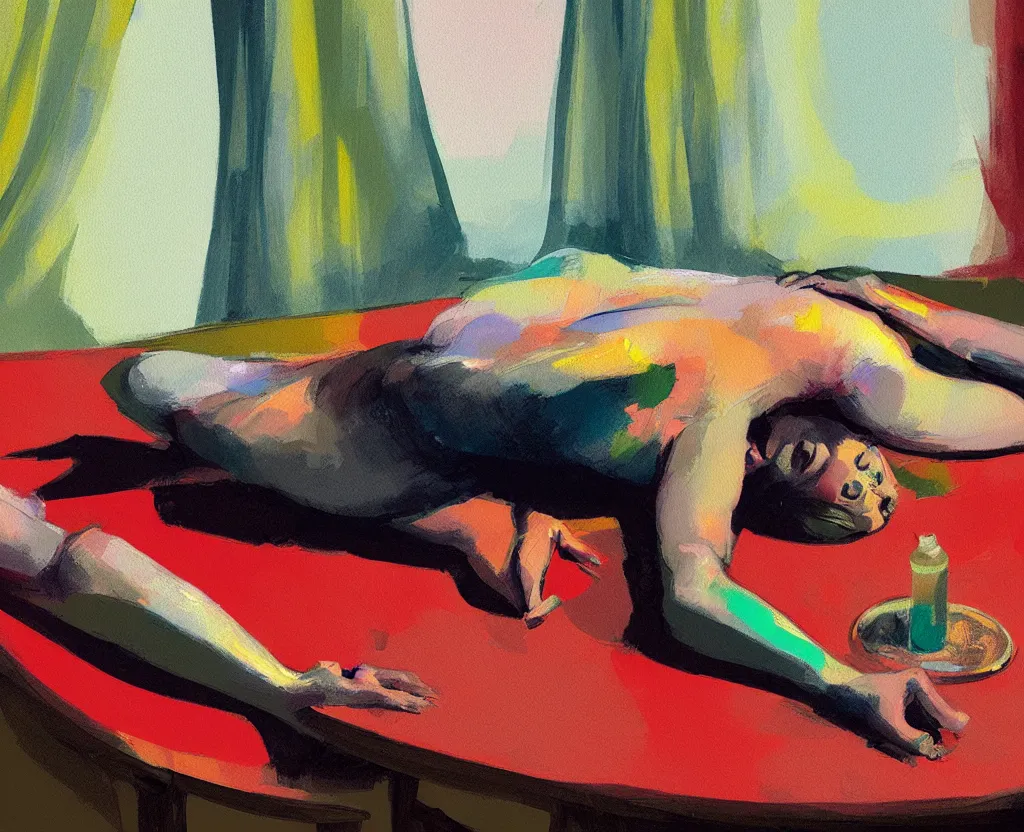 Image similar to a closeup view of painting of a woman laying on top of a table in a dark ambient, a light breeze is pushing away the curtains of a small window, a gouache by nathan oliveira and elaine de kooning, cgsociety, figurativism, dark surreal art, painterly, paint strokes, smudged paint, palette knife texture, digital illustration, artstation