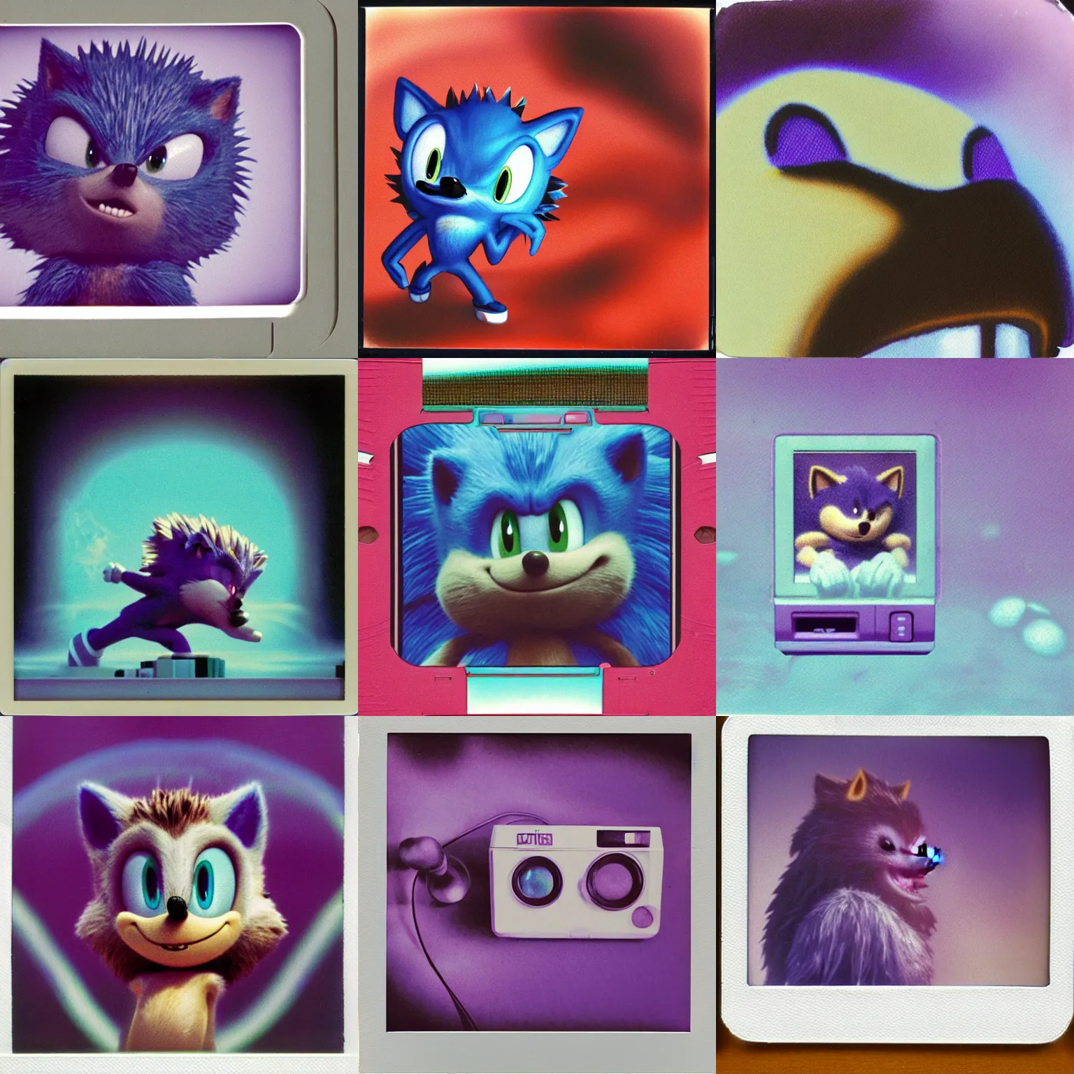 Prompt: close up polaroid instax portrait of sonic hedgehog and a matte painting landscape of a surreal, sharp, foggy, detailed professional, soft pastels, high quality airbrush art album cover of a liquid dissolving airbrush art lsd dmt sonic the hedgehog swimming through cyberspace, purple checkerboard background, 1 9 9 0 s 1 9 9 2 sega genesis rareware video game album cover