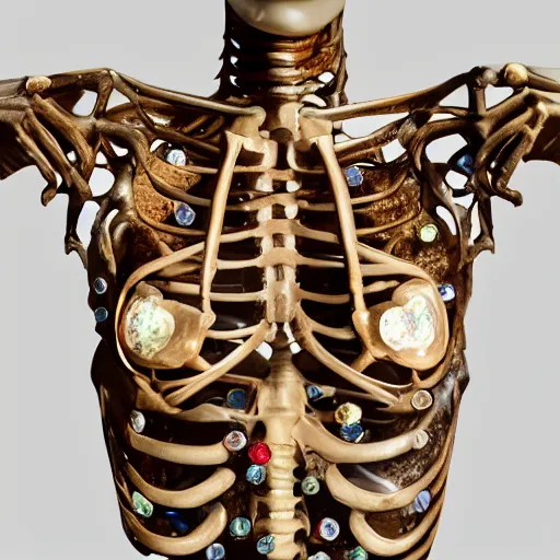 Image similar to female torso and head in curved position with visible gems inlaid in skin with anatomic description, antique style, skeleton, gems, cameo, gold, 8k, details, studio lighting, realism, complex lights