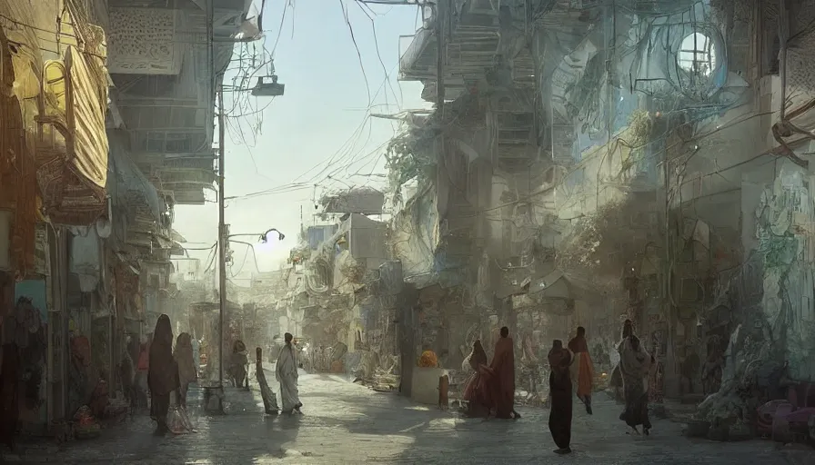 Image similar to jeddah city street, roshan, shops, a bright pharmacy, a nomad wearing a worn out coat, plants, old tree, kids, dramatic lighting fantasy, sci fi, by caspar david friedrich by james gilleard and justin gerard, centered, artstation, smooth, sharp focus, photoreal octane render, by jean baptiste monge, gustave dore, deviantart