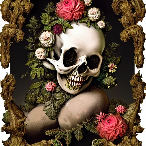 Image similar to a beautiful detailed front view rococo portrait of a rotten woman corpse becoming almost a skull with fractal plants and fractal flowers and mushrooms growing around, intricate, ornate, volumetric light, beautiful lit, beetlejuice